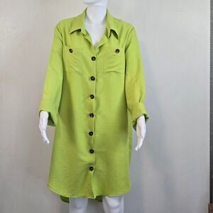 Lime Green Textured Button Down Shirt Dress High Low Tunic Long Sleeve - New
